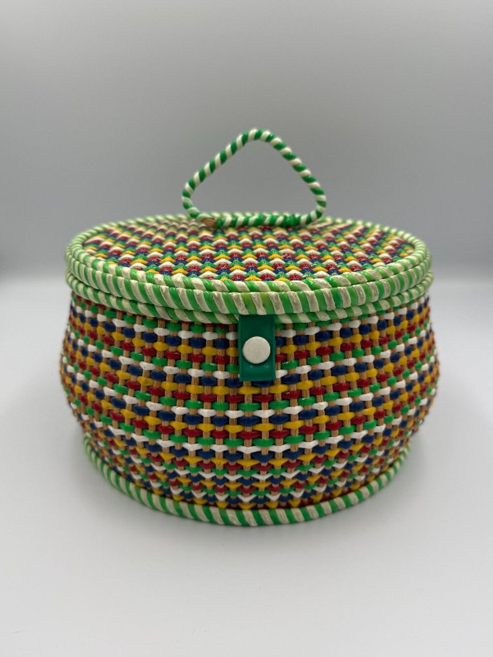 Vintage Round Sewing Basket - Woven Colorful Plastic/Vinyl With Attached Lid